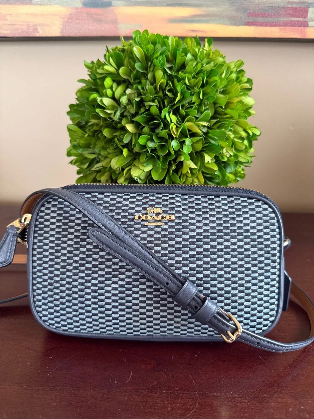 COACH 💙 BLUE TWO-TONE 🩵 LEGACY LACQUARD DOUBLE ZIP SMALL CROSSBODY BAG 🌟EUC🌟